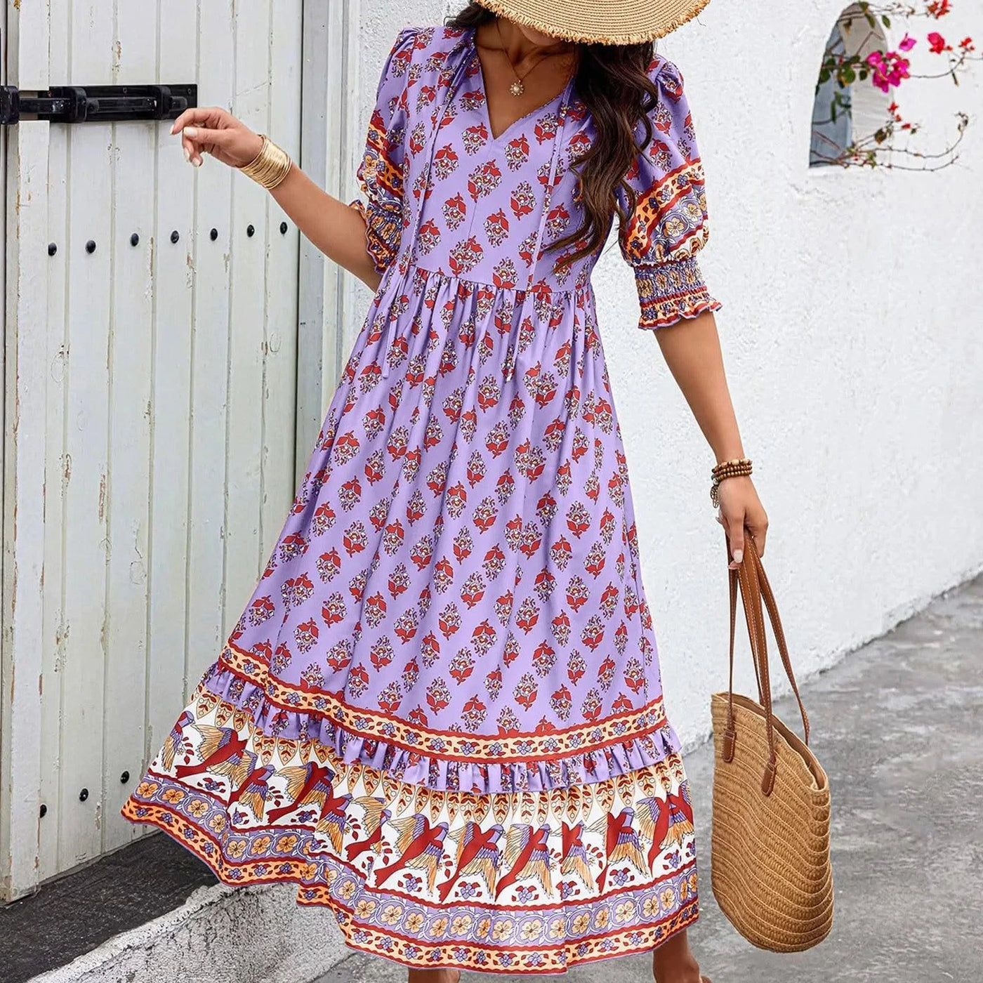 dresses for women Fashion summer Casual long dresses Bohemian V-Neck Printed High Waisted Big Swing Dress vestidos cortos