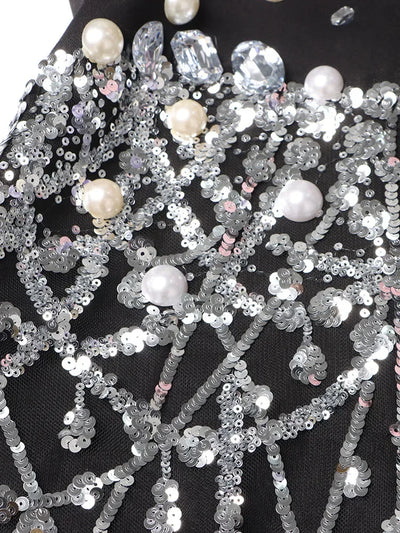 TWOTWINSTYLE Spliced Sequins Chic Dress For Women Lapel Long Sleeve High Waist Patchwork Pearls Temperament Dresses Female New
