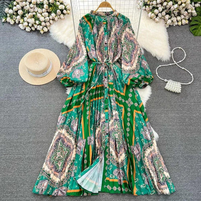Retro Elegant Sashes O Neck Single Breasted Print Dresses Long Lantern Sleeves A-line Casual High Waist Women Autumn Clothing