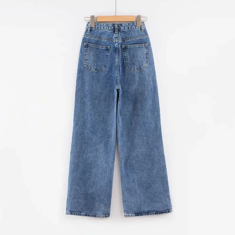 High-waist Plus-size Women Jeans Loose Small Person Straight Crotch Versatile Slimming Trousers Cotton Material