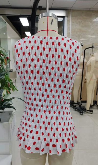 Women Shirred Tank Top Sleeveless Ruffle Hem Smocked Crop Top