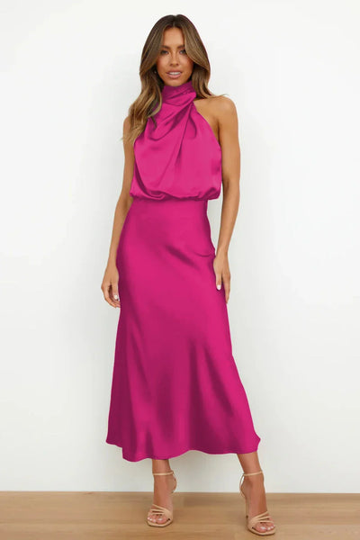2025 Spring/Summer Long Dress for Women High Waist Halter Satin Sleeveless Dress Fashion Elegant Solid Evening Party Dresses