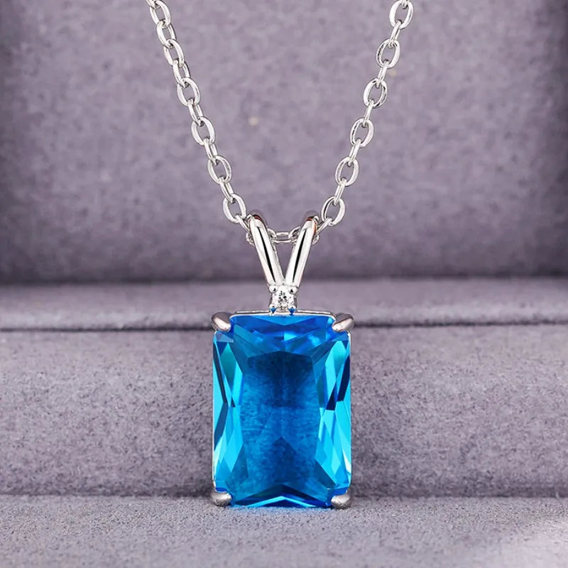 Huitan Luxury Solitaire Blue CZ Square Pendant Necklace for Women Modern Design Temperament Lady's Accessories Wedding Jewelry
