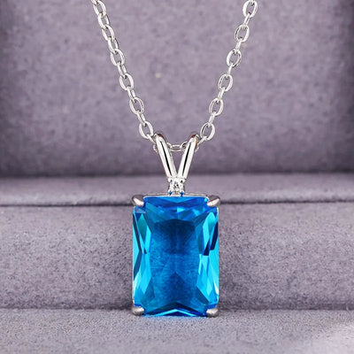 Huitan Luxury Solitaire Blue CZ Square Pendant Necklace for Women Modern Design Temperament Lady's Accessories Wedding Jewelry