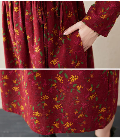 Long Sleeve Cotton Linen Vintage Floral Print Dresses For Women 2025 New Spring Autumn Casual Dress Robe Femme Elegant Clothing