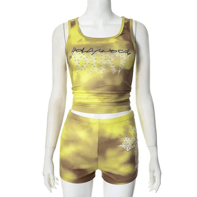 Sexy Biker Short Set Outfit Women 2025 Summer Fashion Tie Dye Print Diamonds Letter Rib Tank Top and Shorts 2 pcs Workout Sets
