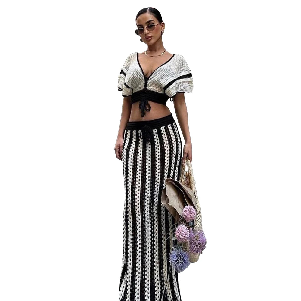 Summer 2 Pieces Women Vacation Outfits Striped Knitted Dress Sets Hollow Out Long Skirts and Short Sleeve V-Neck Crop Tops Set