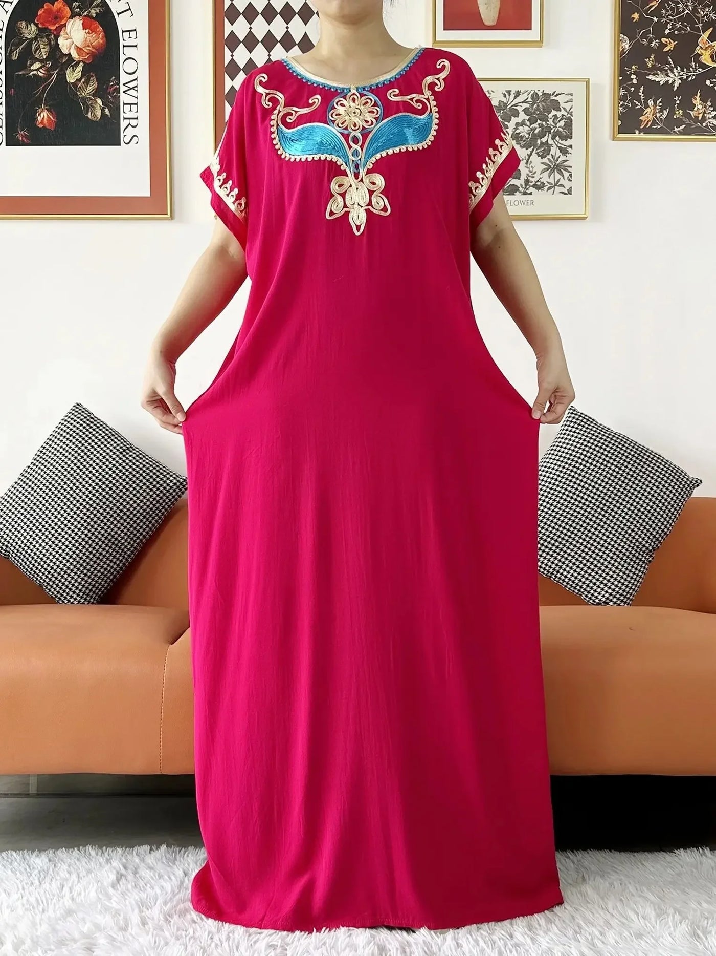 New Dubai Lady Party Summer Solid Cotton Dress with Scarfs African Dashiki Women Maxi Cotton Embroider Loose Vestidos
