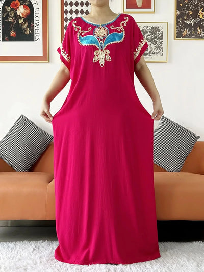 New Dubai Lady Party Summer Solid Cotton Dress with Scarfs African Dashiki Women Maxi Cotton Embroider Loose Vestidos
