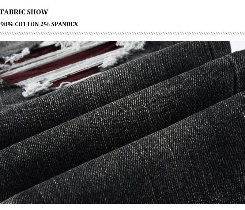 Fashionable new men's jeans with pleats, washed water, nostalgic perforations, red patches, men's black and gray jeans, high str