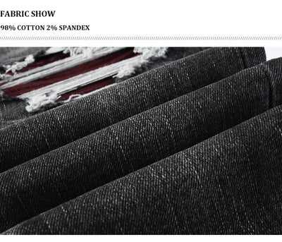 Fashionable new men's jeans with pleats, washed water, nostalgic perforations, red patches, men's black and gray jeans, high str