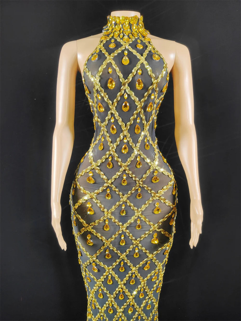 Women Sexy Stage Shining Rhinestone Sequins Dress Evening Prom Birthday Dress Transparent Performance Singer Club Host Dress