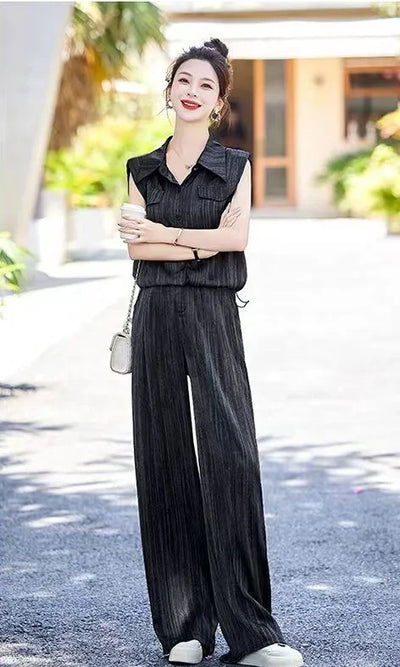Wear To Work Shirt Ladies Trouser Black Women's Blouse and Pants Two Piece Set Professional Wide Leg Office Baggy Stripe Outfit