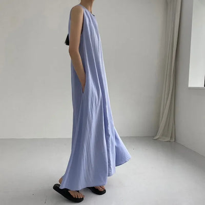 REALEFT Summer Women Maxi Dress 2024 New Solid Color Elegant Pockets Loose Waist Sleeveless Casual Summer Dresses Female