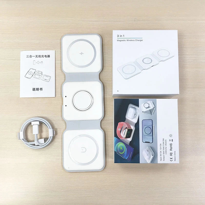 Wireless Charger 3 in 1 Charging Station for iPhone 15/14/13/12 Series Travel Charger for Multiple Devices for AirPods 3/2/Pro A
