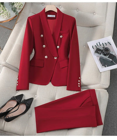 High Quality Suit Office Casual Two Piece Set Spring Autumn Women Double Breasted Blazers+Straight Zipper Trousers Women Outfit