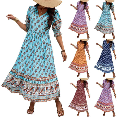 dresses for women Fashion summer Casual long dresses Bohemian V-Neck Printed High Waisted Big Swing Dress vestidos cortos