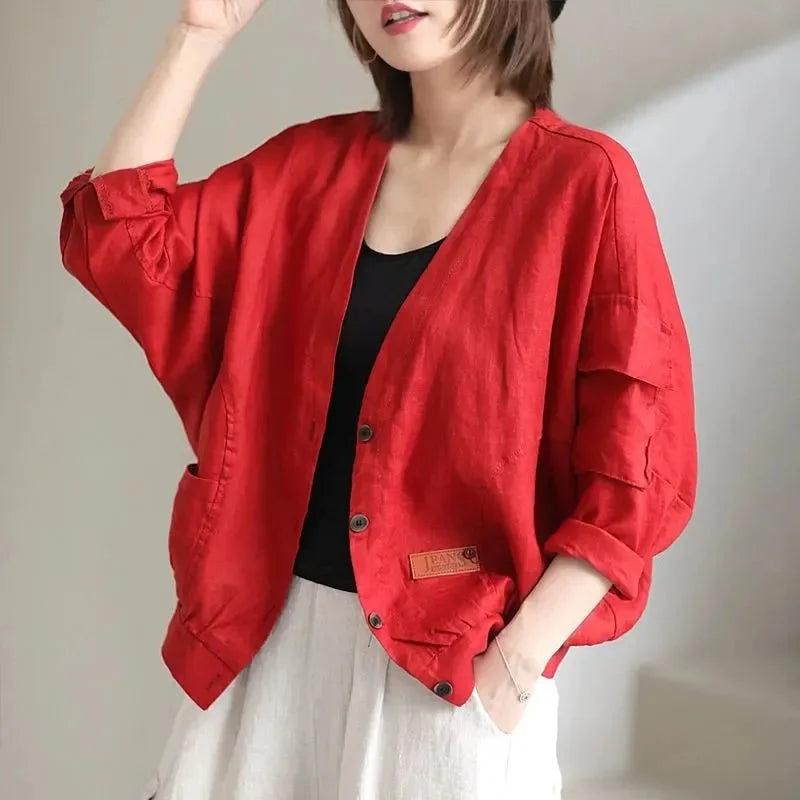 Fashion Cotton Linen Short Jacket For Women Spring Autumn New  Retro Loose V-Neck Thin Casual Top Coat Sunscreen Clothing