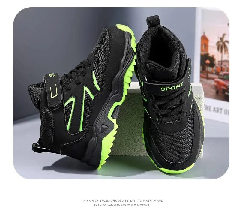 New Boys' Sports Shoes Non-slip School Children's Leather Breathable Running Black Fashion Hiking Shoes Sneaker Size 29-40