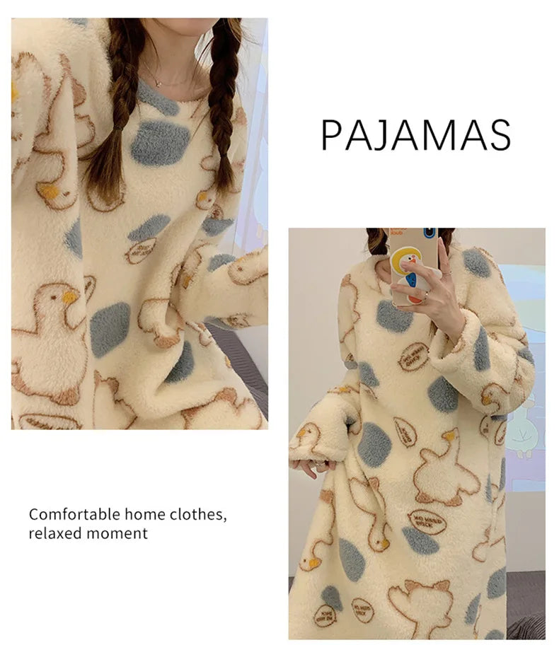 Autumn Winter Wearable Outdoors Loungewear Women Flannel Long Sleeve Cartoon Pullover Nightgown Lady Style Female Sleepwear