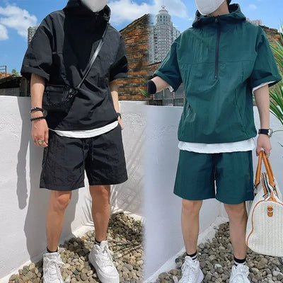 Summer Sweatsuit Sets Men Casual Hoodie T-shirt Short Sleeve Quick Dry Shorts Sports Suits Summer Outdoor Thin Cool Workwear Set