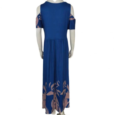 Women Summer Dress Flower Print Hollow Out Short Sleeves V Neck Dress-up Pleated Off Shoulder Soft Maxi Dress Women Clothes