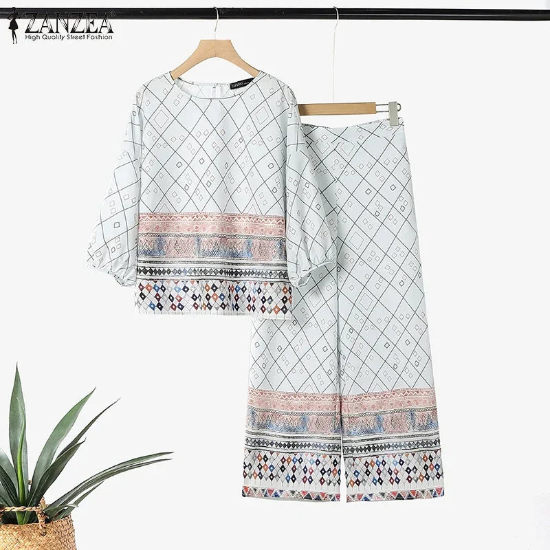 ZANZEA Fashion Women Tracksuits Summer Loose Matching Sets Bohemain Floral Printed Blouse Wide Leg Pant Sets 2pcs Work Outfits