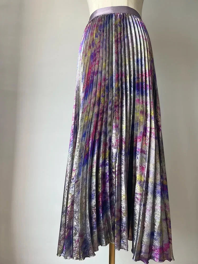 Shiny Colorful Luxury High Waist Midi Skirt 2025 Spring/Summer Fashion Trends Elastic Waistband Pleated Skirt Old Money Style