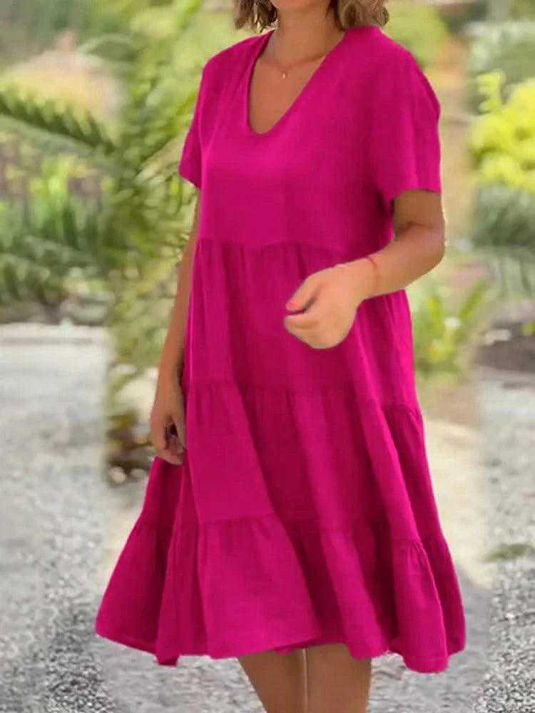 2025 Summer Dress for Women New Fashion Short Sleeve V Neck Evening Party Dresses Casual Loose Knee Length Dress Robe