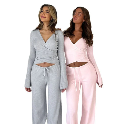 Women Fashion Lounge Set Vintage 2 Piece Outfit Spring Autumn V Neck Waist Tie T-shirt+Elastic Waist Pants Long Sleeve Crop Tops