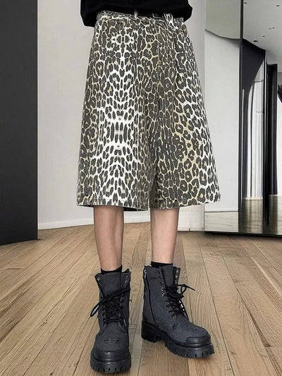 Fashion Harajuku Summer Hip Hop Leopard Painted Plus Size Sweatpants Men Straight Leg Trousers Sports Wide Leg Shorts Pants