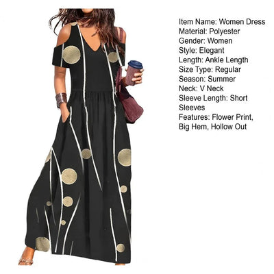Women Summer Dress Flower Print Hollow Out Short Sleeves V Neck Dress-up Pleated Off Shoulder Soft Maxi Dress Women Clothes