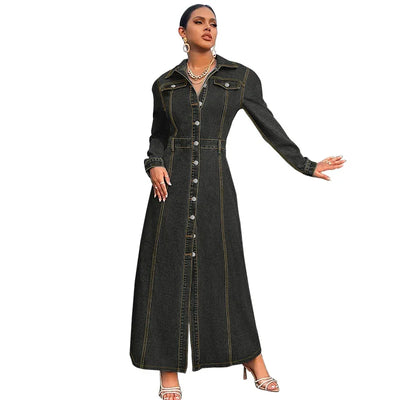 Denim Dress Women Long Dresses Spring Turn Down Collar Elegant Work Splice Vestidos Single Breasted A Line Y2k Tops Streetwear