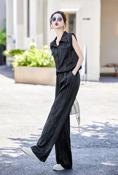 Wear To Work Shirt Ladies Trouser Black Women's Blouse and Pants Two Piece Set Professional Wide Leg Office Baggy Stripe Outfit