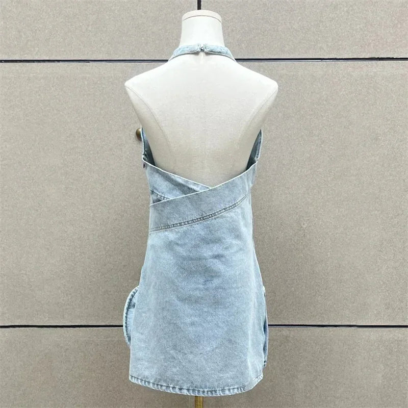 Womens dresses 2025 Summer New 3D Flower Mini Dress pure cotton sleeveless short dresses Sexy backless party dresses Denim dress