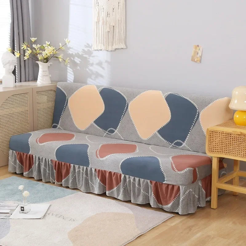 1/2/3Seater Sofa Bed Cover with Skirt Elastic Printing Seat Cover Armless Sofa Bed Cover Sofa Covers for Living Room Home Decor