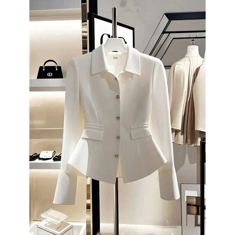 Luxury French High End Slim Single-breasted White Jacket Women Long Sleeve Casual Office Lady Coats Spring Autumn Korean Tops