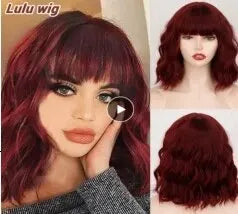 Short Wavy Bob Wigs with Bangs for Women Short Bob Curly Wig Synthetic Hair Wavy Wigs Heat Resistant Fiber Wig