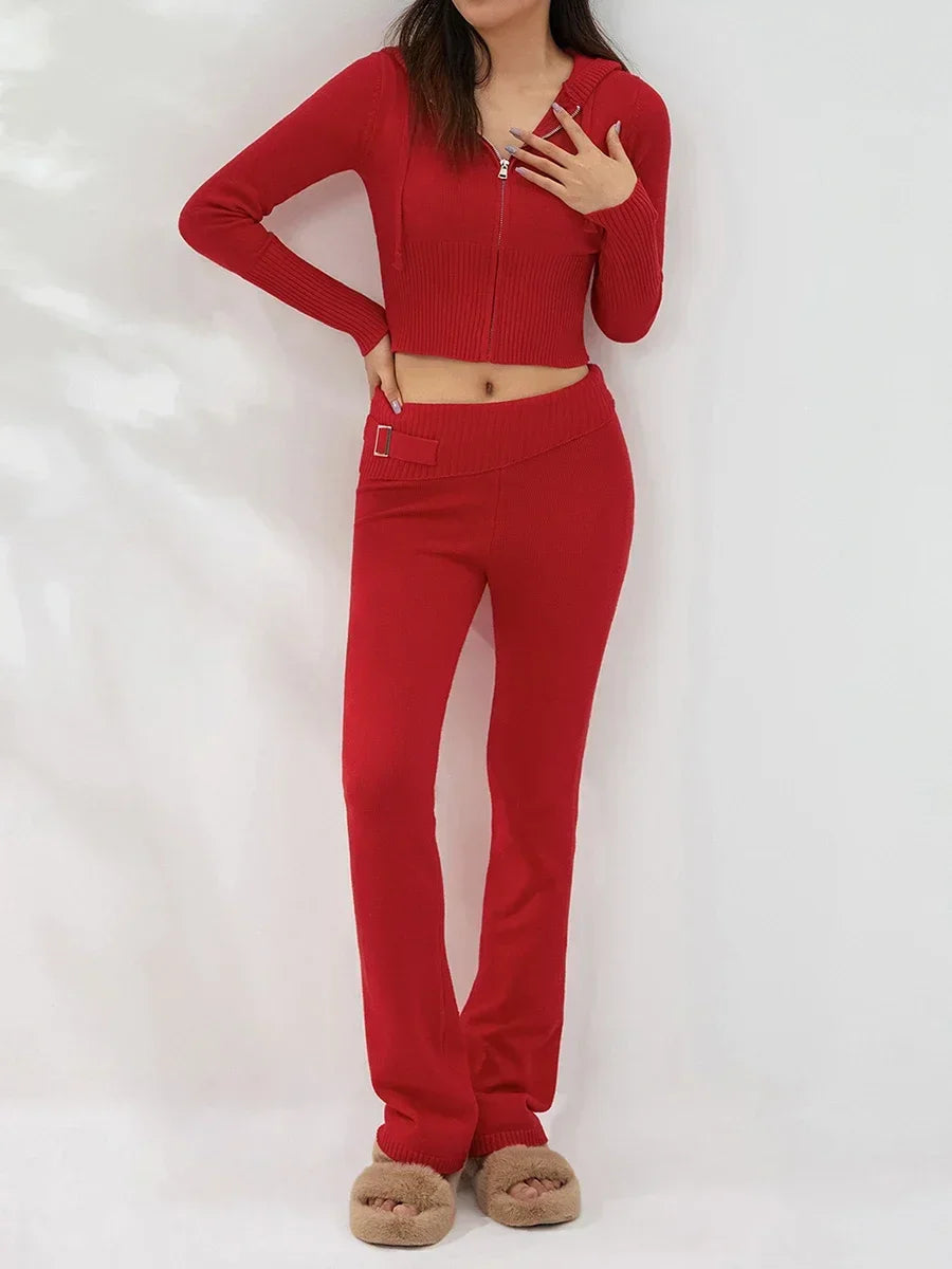 Women Tracksuit  Knit Lounge Set Long Sleeve Zip Up Hoodie with High Waist Wide Leg Pant 2 Piece Sweater Ensemble Casual Set