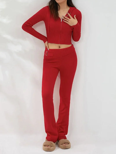 Women Tracksuit  Knit Lounge Set Long Sleeve Zip Up Hoodie with High Waist Wide Leg Pant 2 Piece Sweater Ensemble Casual Set