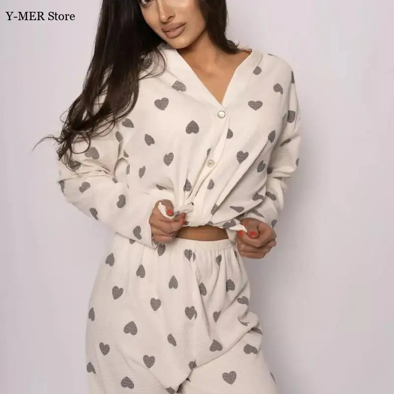Love Pattern Waffle Pajamas Women Loungewear Set Cardigan Homewear Lady Long Sleeve Top Pant Nightwear 2025 Autumn Spring New