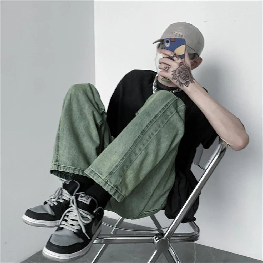Men's Jeans 2025 Spring Autumn Korean Wide Leg Pants Fashion High Street Loose Straight Denim Trousers Male Clothing pants