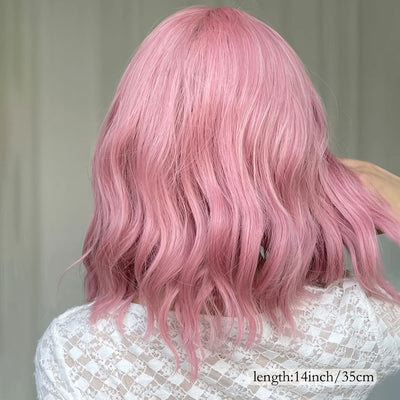 A fashionable 14-inch short curly pink wig with bangs for women - elegant wavy body style, heat-resistant synthetic hair, ideal
