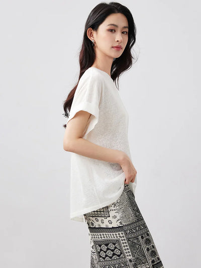 Summer Women Cotton Linen T-shirt Round Neck Thin Short-sleeved Transparent Loose Bottoming T-shirts Tops