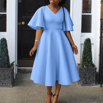 Elegant Party Dresses for Women V Neck Ruffles Sleeve High Waisted Pleated Mid Calf Luxury Birthday Dinner Vestidos Mujer Dress