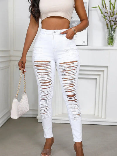 Women's Spring and Fall Fashion Elastic Ripped Jeans Women Casual Close-fitting High-waisted Denim Small Leg Pants Pencil Pants