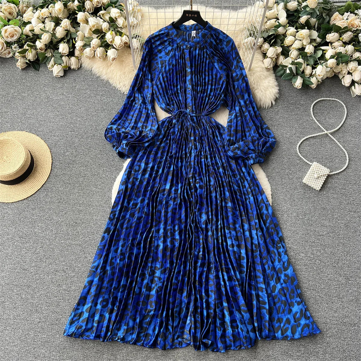 Retro Print Elegant Pleated Lantern Long Sleeve O Neck Single Breasted Dress A-line  Casual High Waist Women Summer Dresses