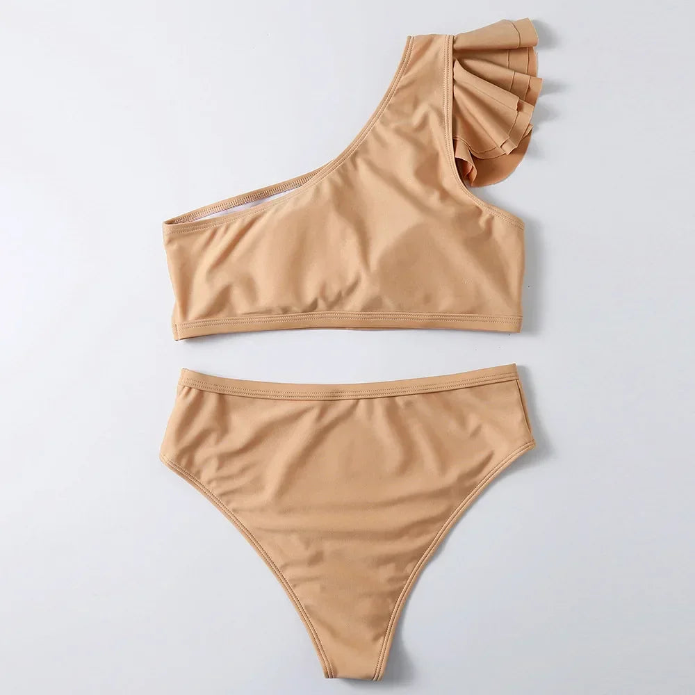 One Shoulder Bikinis 2025 Women Ruffle Swimsuit Solid High Waist Swimwear Female Padded Bathers Bathing Swimming Suit Beachwear