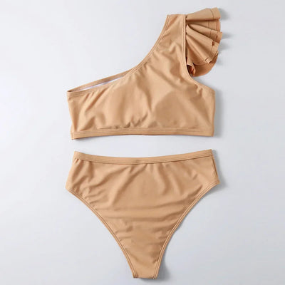 One Shoulder Bikinis 2025 Women Ruffle Swimsuit Solid High Waist Swimwear Female Padded Bathers Bathing Swimming Suit Beachwear