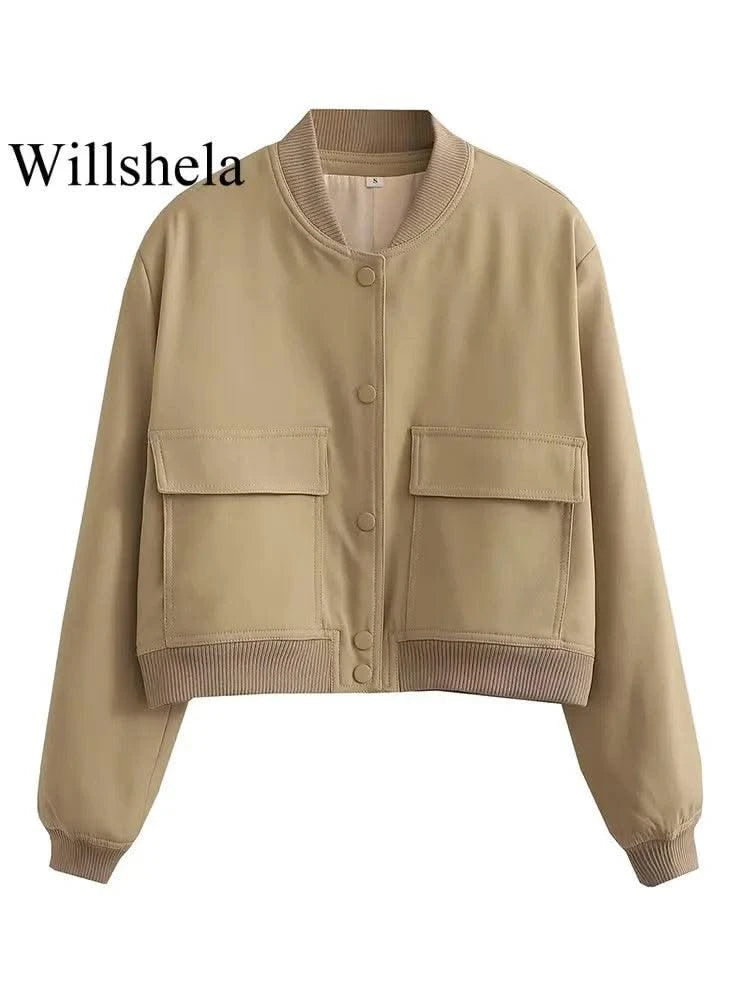 Women Fashion Solid Bomber Jackets Coat With Pockets V-Neck Single Breasted